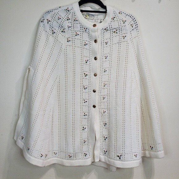 Sweater Bee White Embroidered Poncho Cape 1960s Knit Pointelle Sweater Shawl - Picture 1 of 7